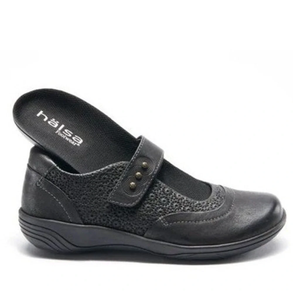 Halsa Aloe Embossed Mary Jane Comfort Shoes Womens 11W Black Leather Soft Casual